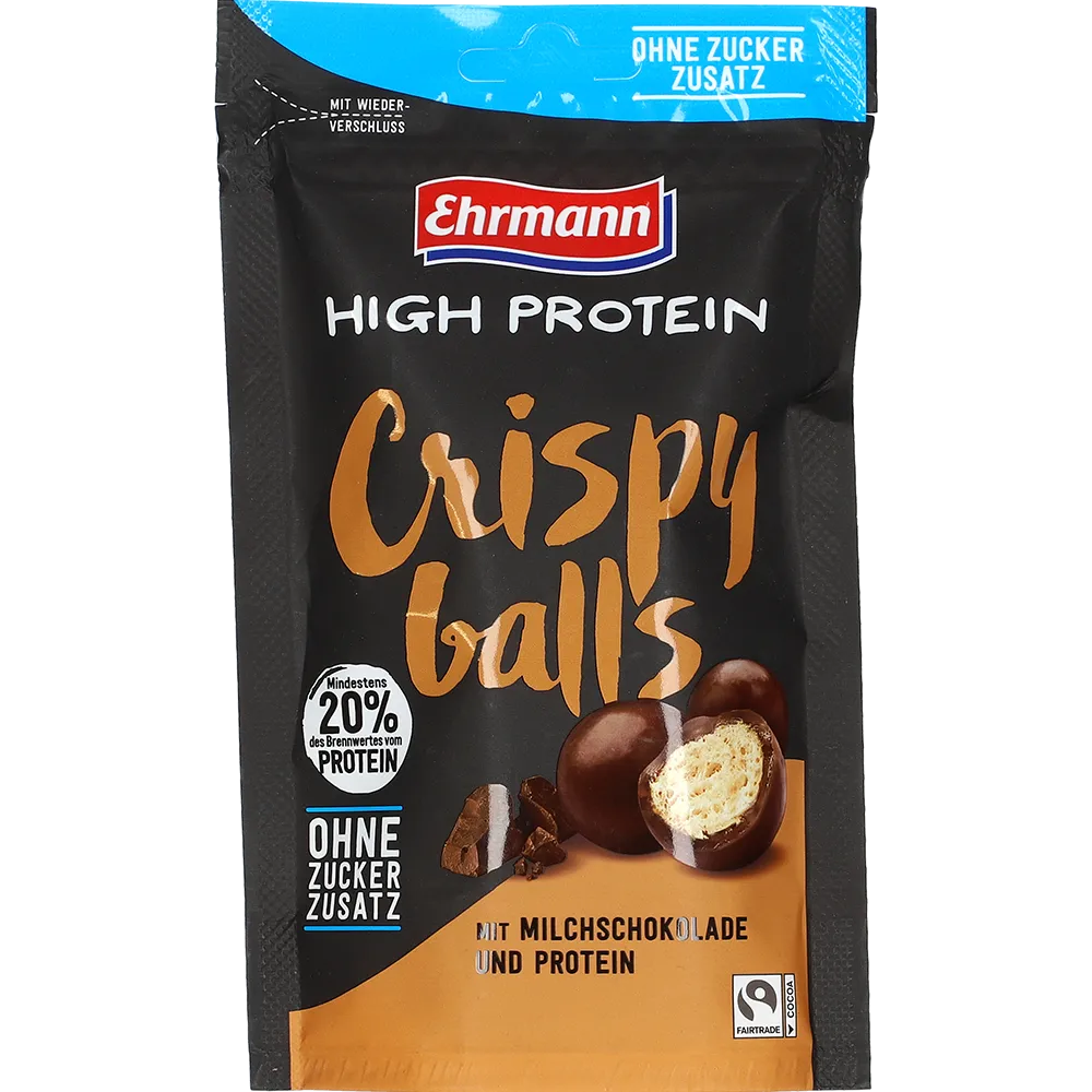 Ehrmann High Protein Crispy Balls utan tillsatt socker med mjölkchoklad